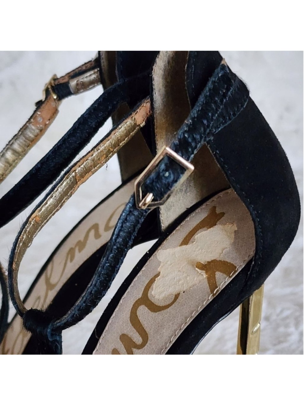 Sam Edelman Black and Gold Calf Hair Tstrap Heels Sz 5 - Picture 15 of 15